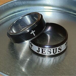Titanium Jesus Cross Ring - Black and Silver Set